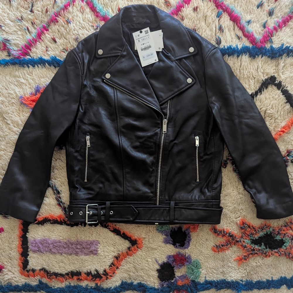 Black Leather Moto Jacket with Belt NWT